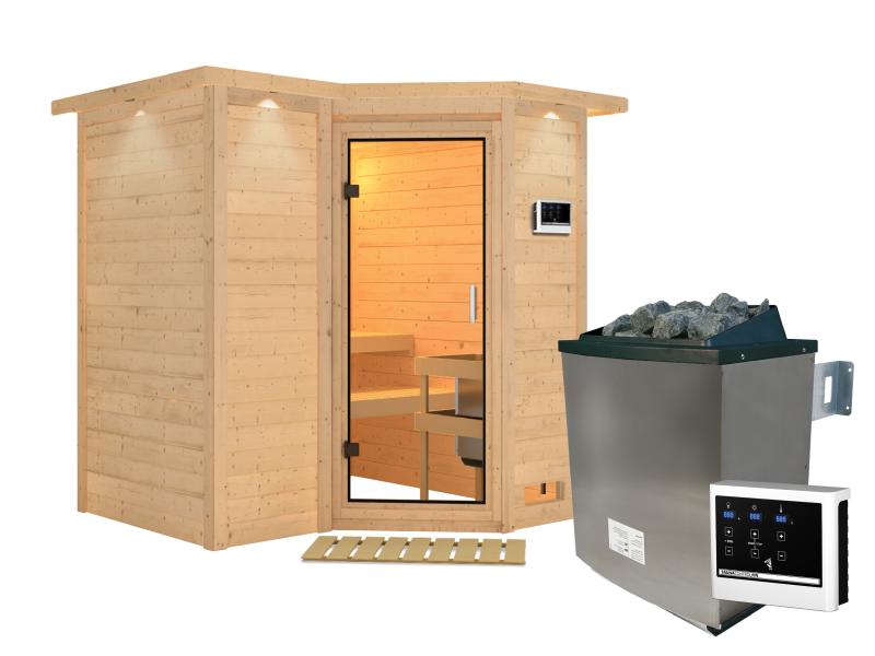 Karibu Sauna Sahib 1 inkl. 9 kW Ofen mit ext. Steuerung, mit Klarglas-Ganzglastür -mit Dachkranz-