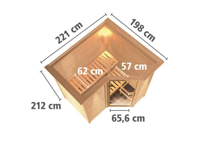 Karibu Sauna Sahib 1 inkl. 9 kW Ofen mit ext. Steuerung, mit Klarglas-Ganzglastür -mit Dachkranz-