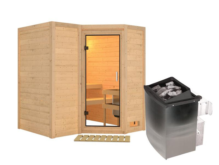 Karibu Sauna Sahib 1 inkl. 9 kW Ofen mit integr. Steuerung, mit Klarglas-Ganzglastür -ohne Dachkranz