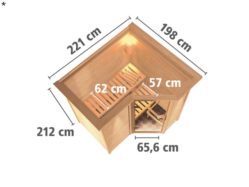Karibu Sauna Sahib 1 ohne Ofen, mit Klarglas-Ganzglastür -mit Dachkranz-