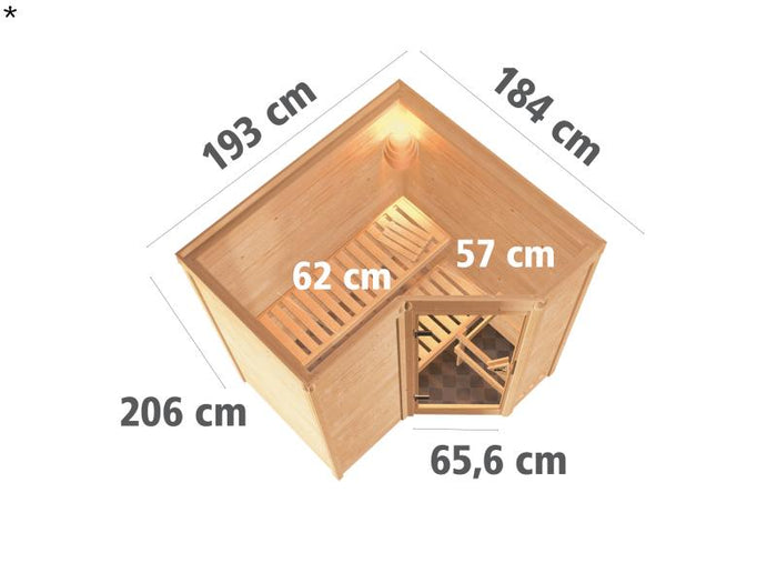 Karibu Sauna Sahib 1 ohne Ofen,  mit moderner Saunatür -ohne Dachkranz-