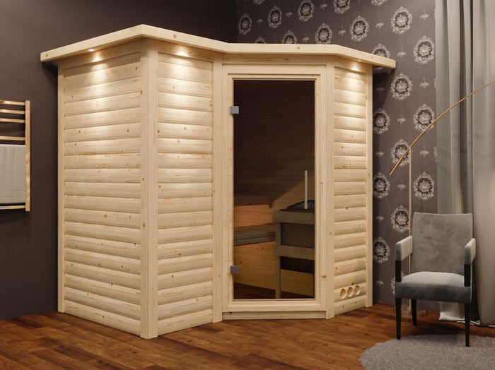 Karibu Sauna Sahib 1 ohne Ofen,  mit moderner Saunatür -mit Dachkranz-