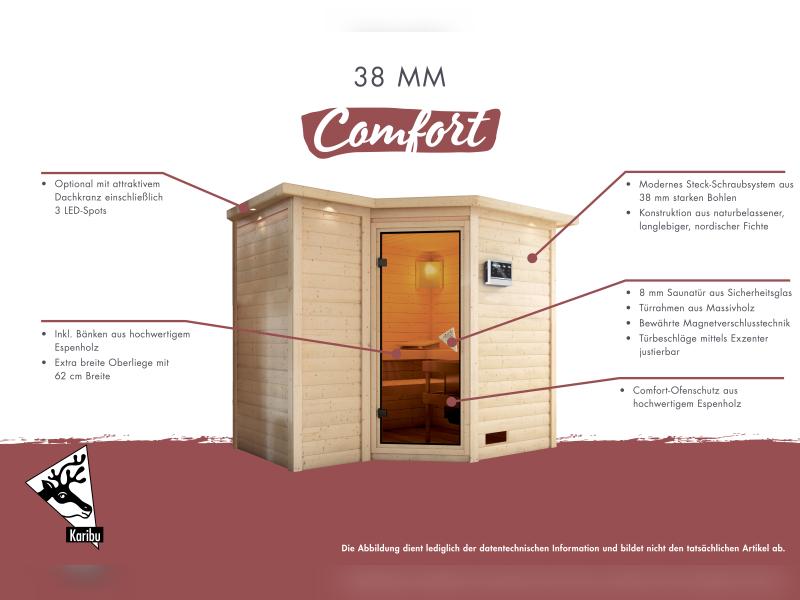 Karibu Sauna Sahib 1, ohne Ofen, mit energiesparender Saunatür -ohne Dachkranz-