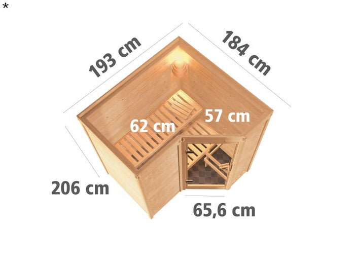 Karibu Sauna Sahib 1,ohne Ofen, mit klassicher Saunatür -ohne Dachkranz-