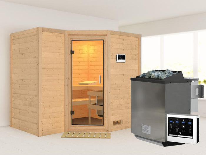 Karibu Sauna Sahib 2 inkl. 9 kW Bio Ofen mit ext. Steuerung, ohne Dachkranz, mit Klarglas Ganzglastü