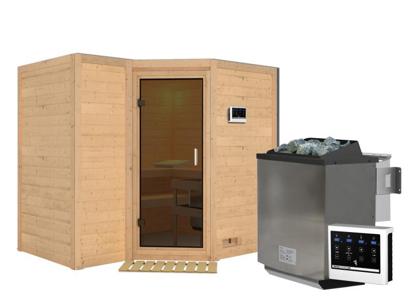 Karibu Sauna Sahib 2 inkl. 9-kW-Bioofen mit externer Steuerung, ohne Dachkranz, mit moderner Saunatü