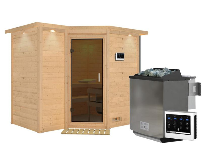 Karibu Sauna Sahib 2 inkl. 9-kW-Bioofen mit externer Steuerung, mit Dachkranz, mit moderner Saunatür