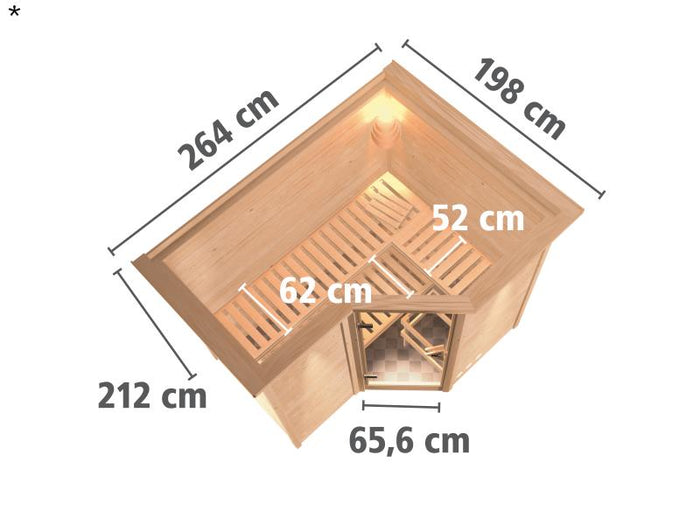 Karibu Sauna Sahib 2 inkl. 9-kW-Bioofen mit externer Steuerung, mit Dachkranz, mit moderner Saunatür