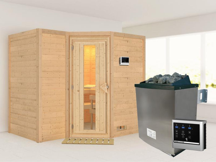 Karibu Sauna Sahib 2 inkl. 9-kW-Ofen mit externer Steuerung, ohne Dachkranz, mit energiesparender Sa
