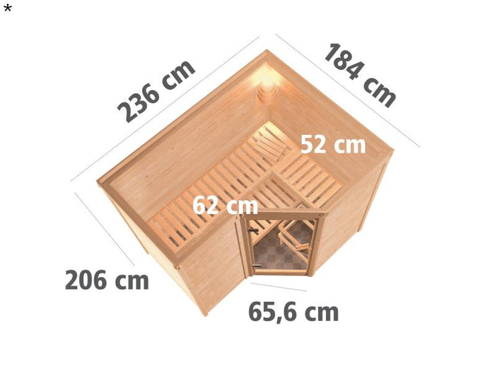 Karibu Sauna Sahib 2 inkl. 9-kW-Ofen mit interner Steuerung, ohne Dachkranz, mit energiesparender Sa
