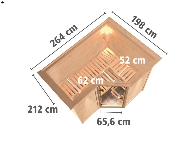 Karibu Sauna Sahib 2 inkl. 9-kW-Ofen mit interner Steuerung, mit Dachkranz, mit energiesparender Sau
