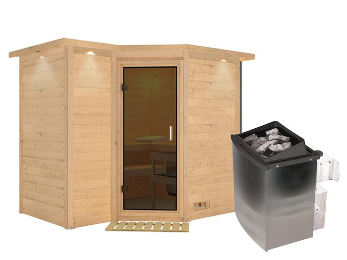Karibu Sauna Sahib 2 inkl. 9-kW-Ofen mit interner Steuerung, mit Dachkranz, mit moderner Saunatür