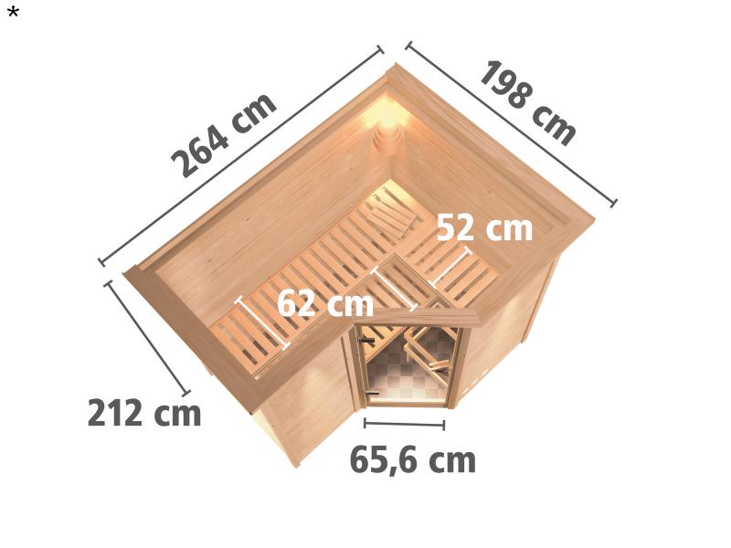 Karibu Sauna Sahib 2 inkl. 9-kW-Ofen mit interner Steuerung, mit Dachkranz, mit moderner Saunatür