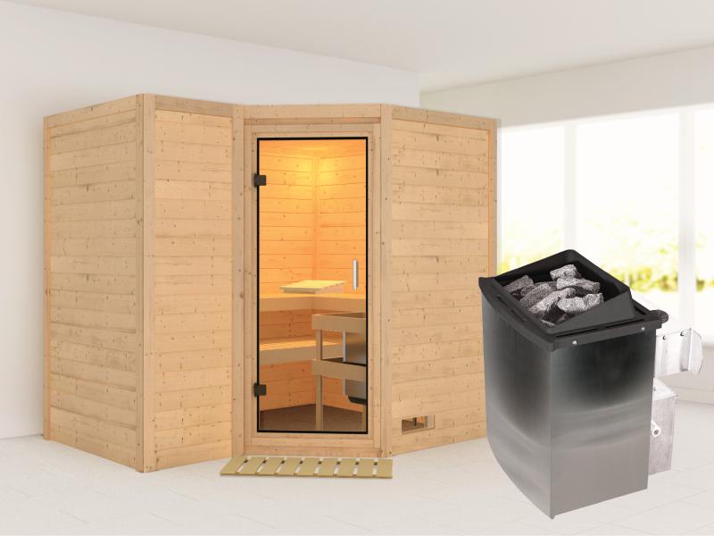 Karibu Sauna Sahib 2 inkl. Ofen mit int. Steuerung, ohne Dachkranz, mit Klarglas Ganzglastür