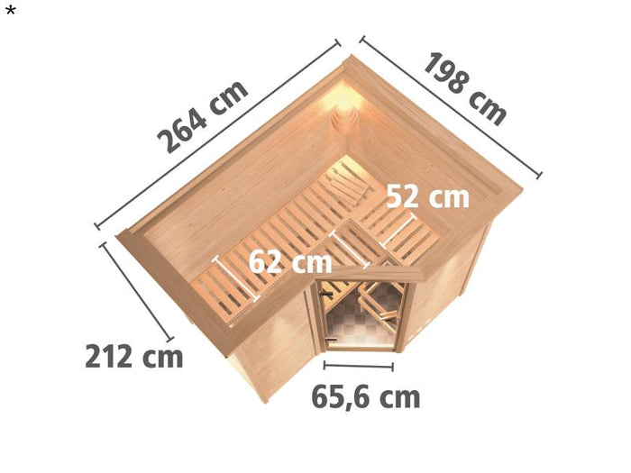 Karibu Sauna Sahib 2 ohne Ofen, mit Dachkranz, mit moderner Saunatür