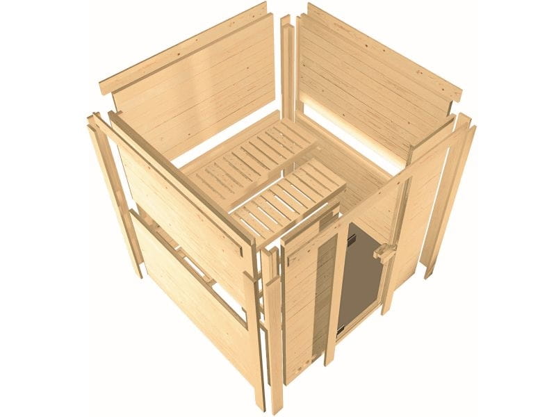 Karibu Sauna Sahib 2 ohne Ofen, mit Dachkranz, mit moderner Saunatür