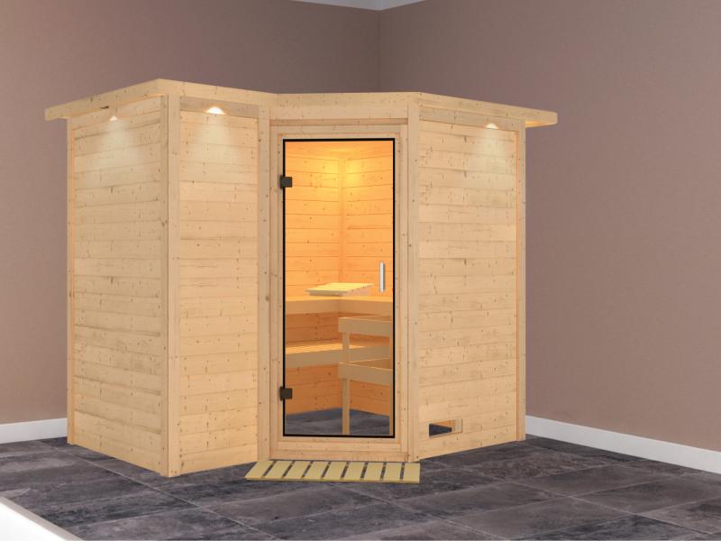 Karibu Sauna Sahib 2 ohne Ofen, mit Dachkranz, mit Klarglas Ganzglastür