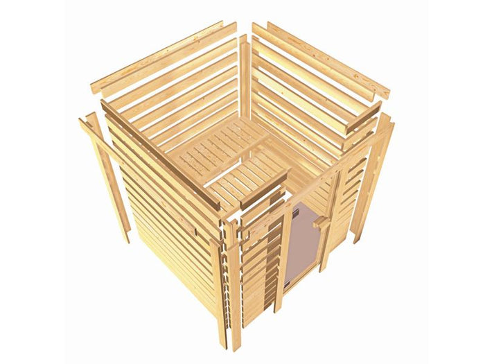 Karibu Sauna Sandra inkl. 9 kW Ofen ext. Steuerung, mit klassicher Tür -ohne Dachkranz-