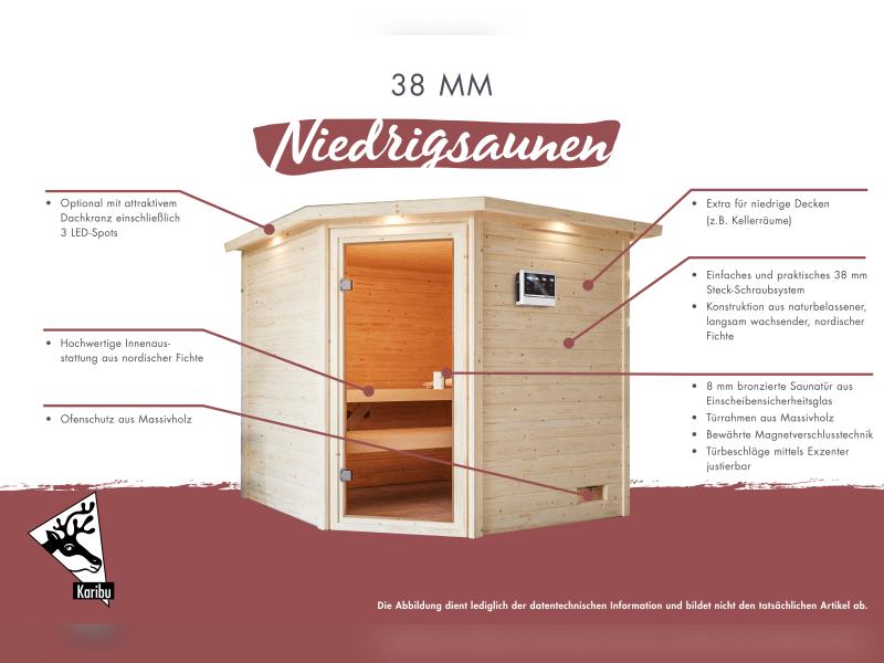 Karibu Sauna Sandra inkl. 9 kW Ofen integr. Steuerung mit klassischer Saunatür -ohne Dachkranz-