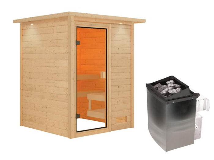 Karibu Sauna Sandra inkl. 9 kW Ofen integr. Steuerung, mit klassicher Tür -mit Dachkranz-