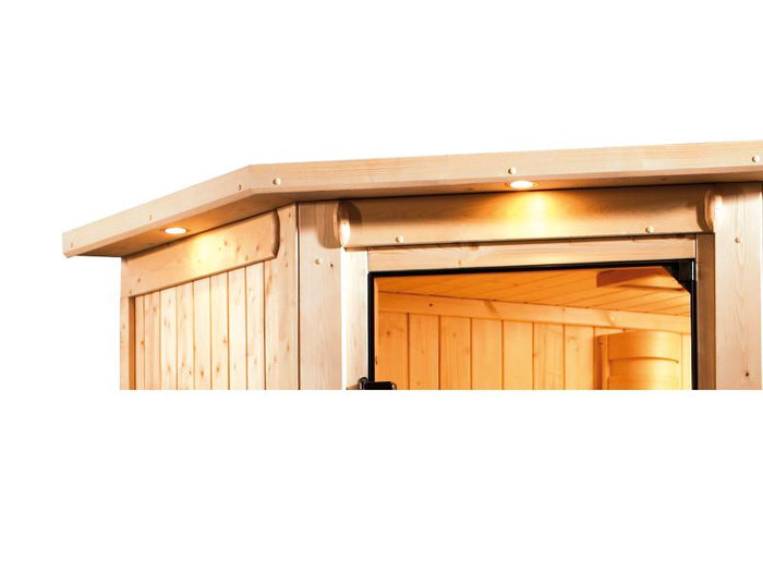 Karibu Sauna Sandra inkl. 9 kW Ofen integr. Steuerung, mit klassicher Tür -mit Dachkranz-