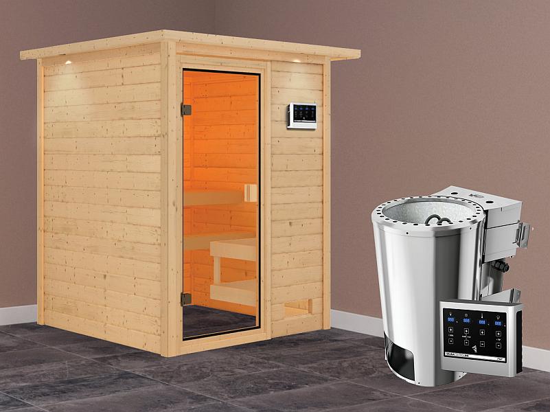 Karibu Sauna Sandra mit 3,6 kW Bioofen ext. Strg und Dachkranz 38 mm