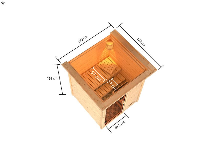 Karibu Sauna Sandra mit 3,6 kW Bioofen ext. Strg und Dachkranz 38 mm