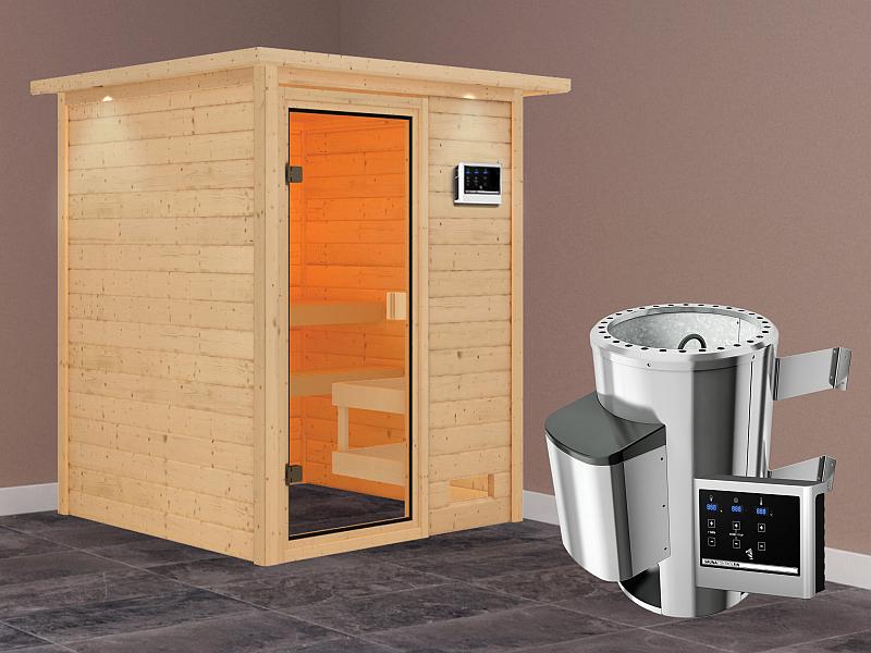 Karibu Sauna Sandra mit 3,6 kW Ofen ext. Strg und Dachkranz 38 mm
