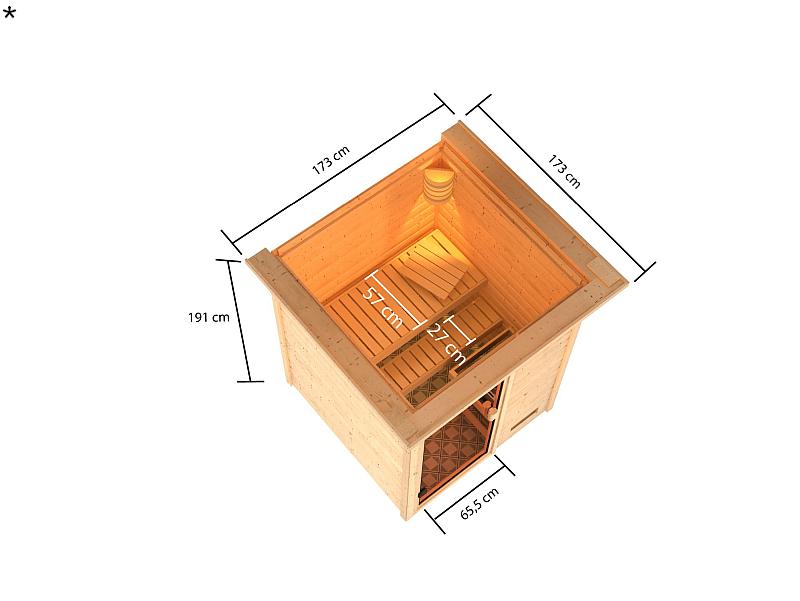 Karibu Sauna Sandra mit 3,6 kW Ofen integr. Strg und Dachkranz 38 mm