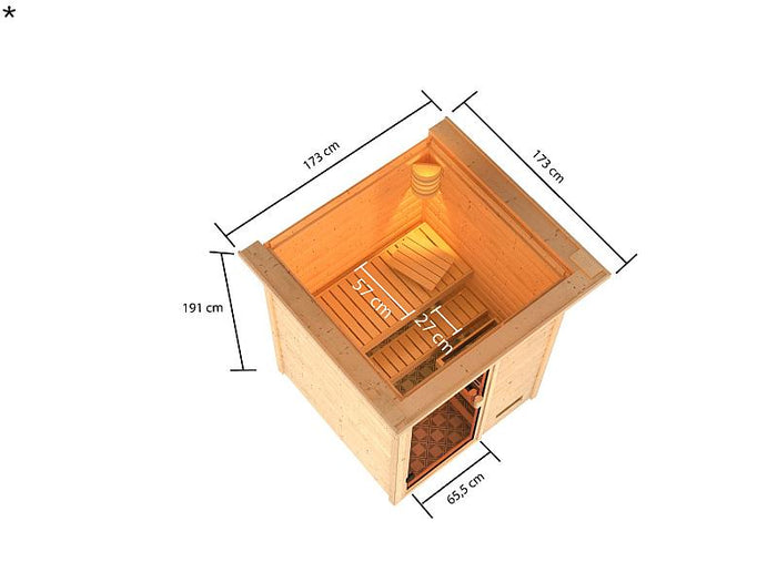 Karibu Sauna Sandra mit 3,6 kW Ofen integr. Strg und Dachkranz 38 mm