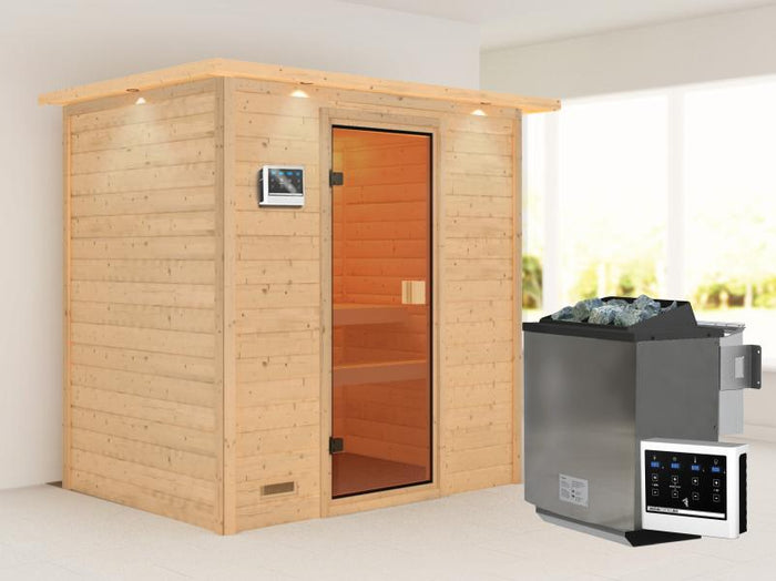 Karibu Sauna Selena inkl. 9 kW Bioofen ext. Steuerung mit klassischer Saunatür -mit Dachkranz-