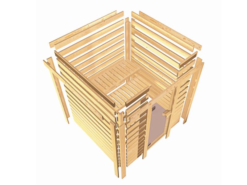 Karibu Sauna Selena inkl. 9 kW Bioofen ext. Steuerung mit klassischer Saunatür -mit Dachkranz-