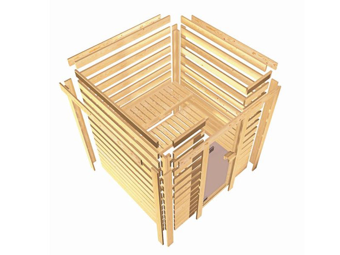 Karibu Sauna Selena inkl. 9 kW Bioofen ext. Steuerung mit klassischer Saunatür -mit Dachkranz-