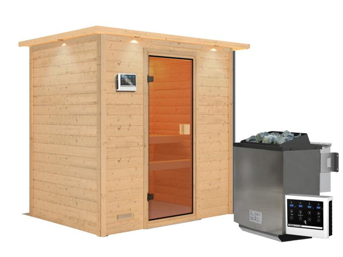 Karibu Sauna Selena inkl. 9 kW Bioofen ext. Steuerung mit klassischer Saunatür -mit Dachkranz-