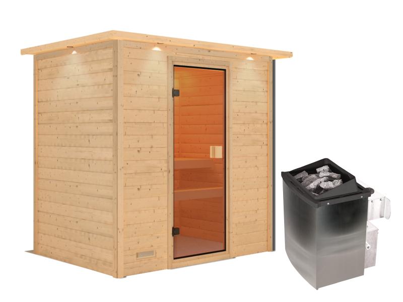 Karibu Sauna Selena inkl. 9 kW Ofen integr. Steuerung mit klassischer Saunatür -mit Dachkranz-