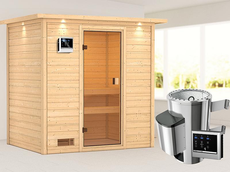 Karibu Sauna Selena mit 3,6 kW Ofen ext. Strg und Dachkranz 38 mm