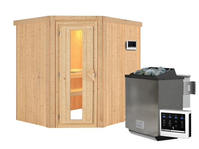Karibu Sauna Siirin inkl. 9 kW Bioofen ext. Steuerung, mit energiesparender Saunatür - ohne Dachkran