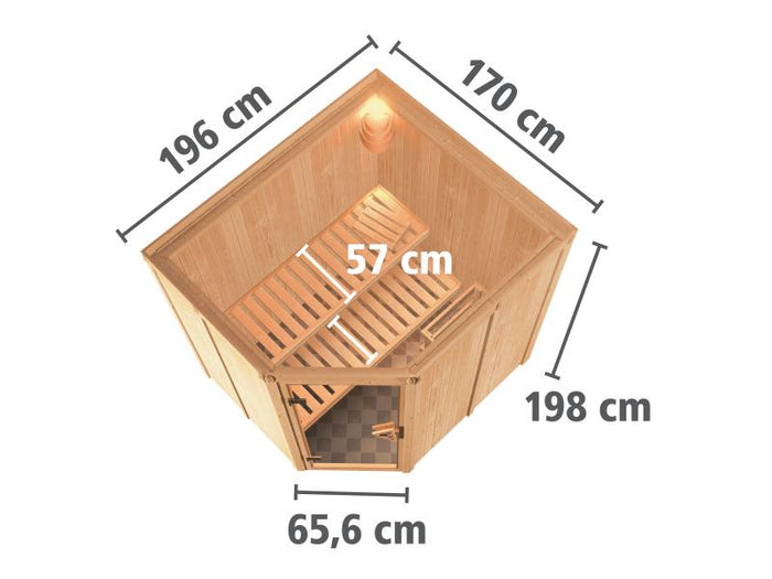 Karibu Sauna Siirin inkl. 9 kW Bioofen ext. Steuerung mit moderner Saunatür -ohne Dachkranz-