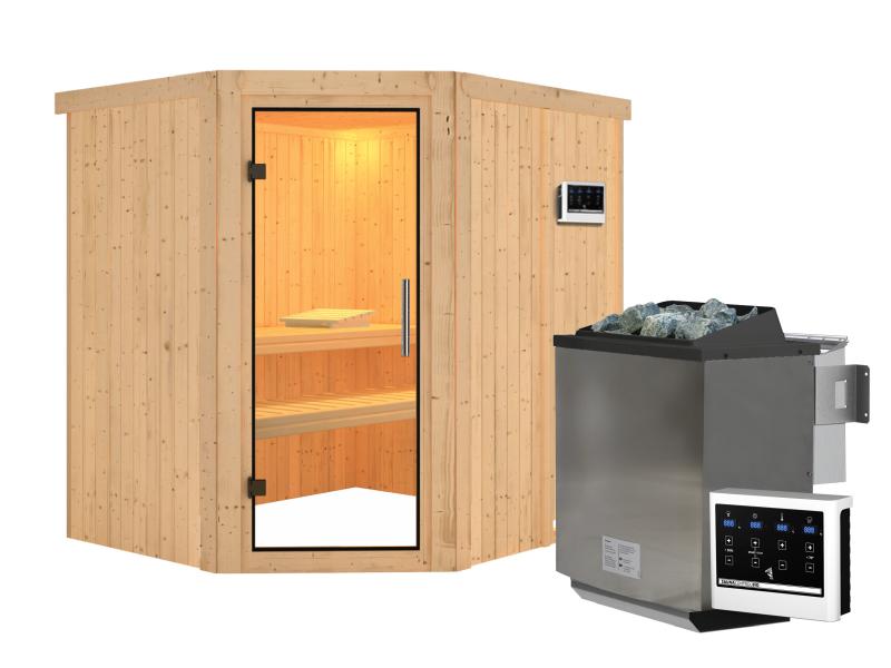 Karibu Sauna Siirin inkl. 9 kW Bioofen mit ext. Steuerung mit Klarglas Ganzglastür -ohne Dachkranz-