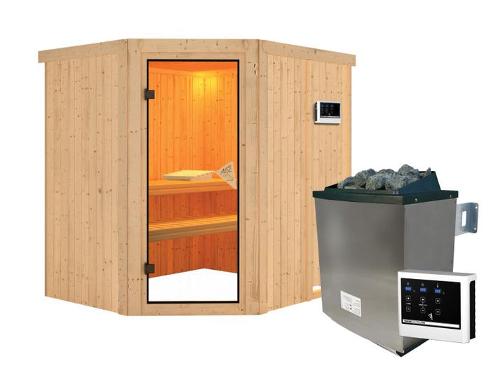 Karibu Sauna Siirin inkl. 9 kW Ofen ext. Steuerung mit klassischer Saunatür - ohne Dachkranz -