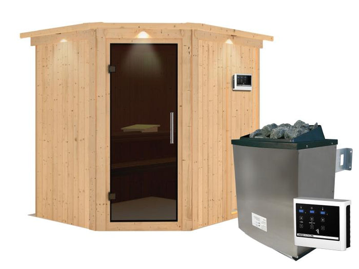 Karibu Sauna Siirin inkl. 9 kW Ofen ext. Steuerung mit moderner Saunatür -mit Dachkranz-