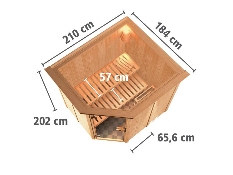 Karibu Sauna Siirin inkl. 9 kW Ofen ext. Steuerung mit moderner Saunatür -mit Dachkranz-