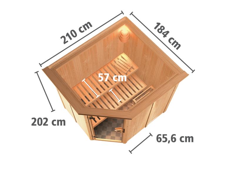 Karibu Sauna Siirin inkl. 9 kW Ofen integr. Steuerung mit klassischer Saunatür - mit Dachkranz -