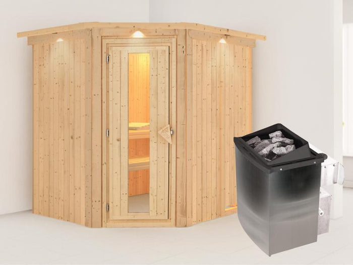 Karibu Sauna Siirin inkl. 9 kW Ofen integr. Steuerung mit energiesparender Saunatür - mit Dachkranz
