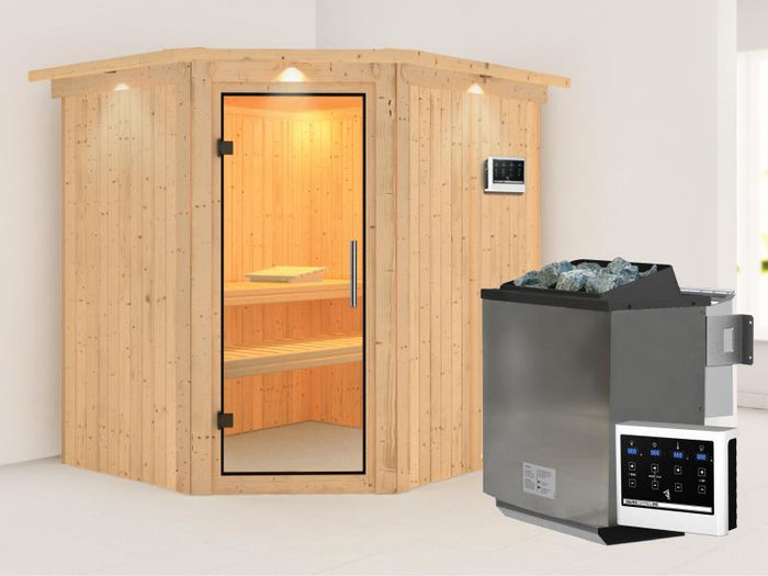 Karibu Sauna Siirin inkl. 9kW Bioofen ext. Steuerung mit Klarglas Ganzglastür -mit Dachkranz-