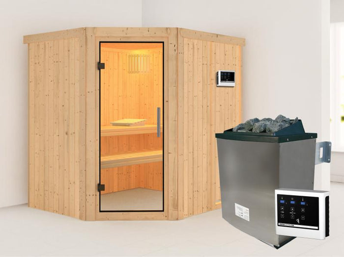 Karibu Sauna Siirin inkl. 9kW Ofen mit ext. Steuerung mit Klarglas Ganzglastür -ohne Dachkranz-