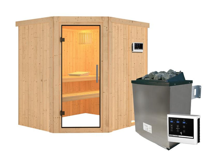 Karibu Sauna Siirin inkl. 9kW Ofen mit ext. Steuerung mit Klarglas Ganzglastür -ohne Dachkranz-