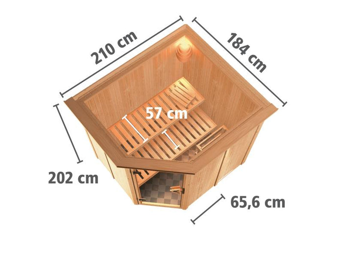 Karibu Sauna Siirin inkl. 9kW Ofen mit ext. Steuerung mit Klarglas Ganzglastür -mit Dachkranz-