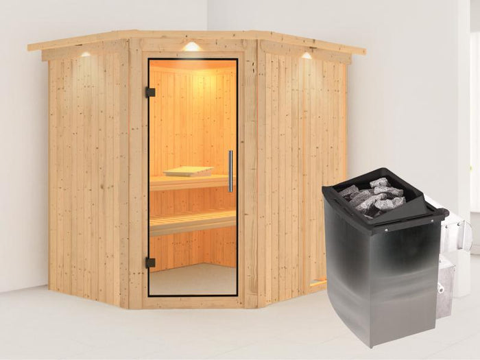 Karibu Sauna Siirin inkl. 9kW Ofen mit int. Steuerung mit Klarglas Ganzglastür -mit Dachkranz-