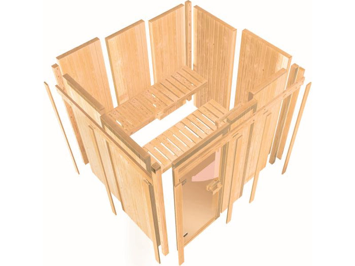 Karibu Sauna Siirin inkl. 9kW Ofen mit integr. Steuerung mit Klarglas Ganzglastür -ohne Dachkranz-